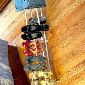 Four pair shoes, three heels size 8. One pair aigner loafers & shoe rack